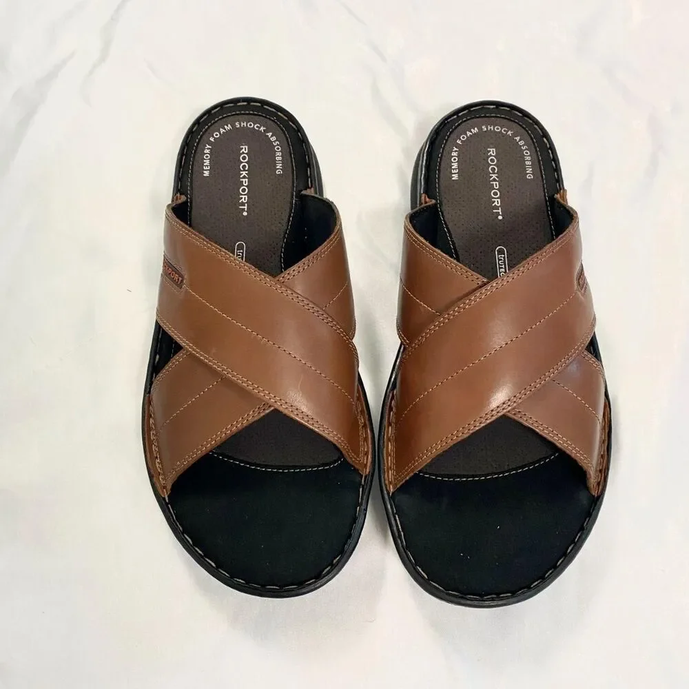 NEW Brown Leather Rockport Men's Darwyn Xband Sandals Size US Mens 9.5 WIDE